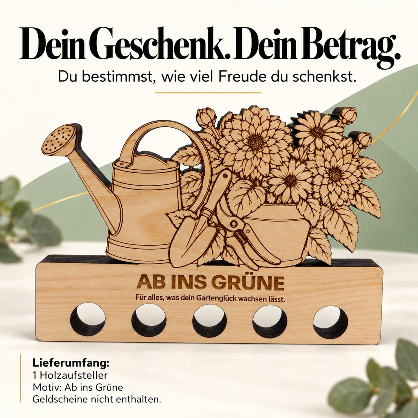 Ab ins Grüne – Geldgeschenk aus Zirbenholz