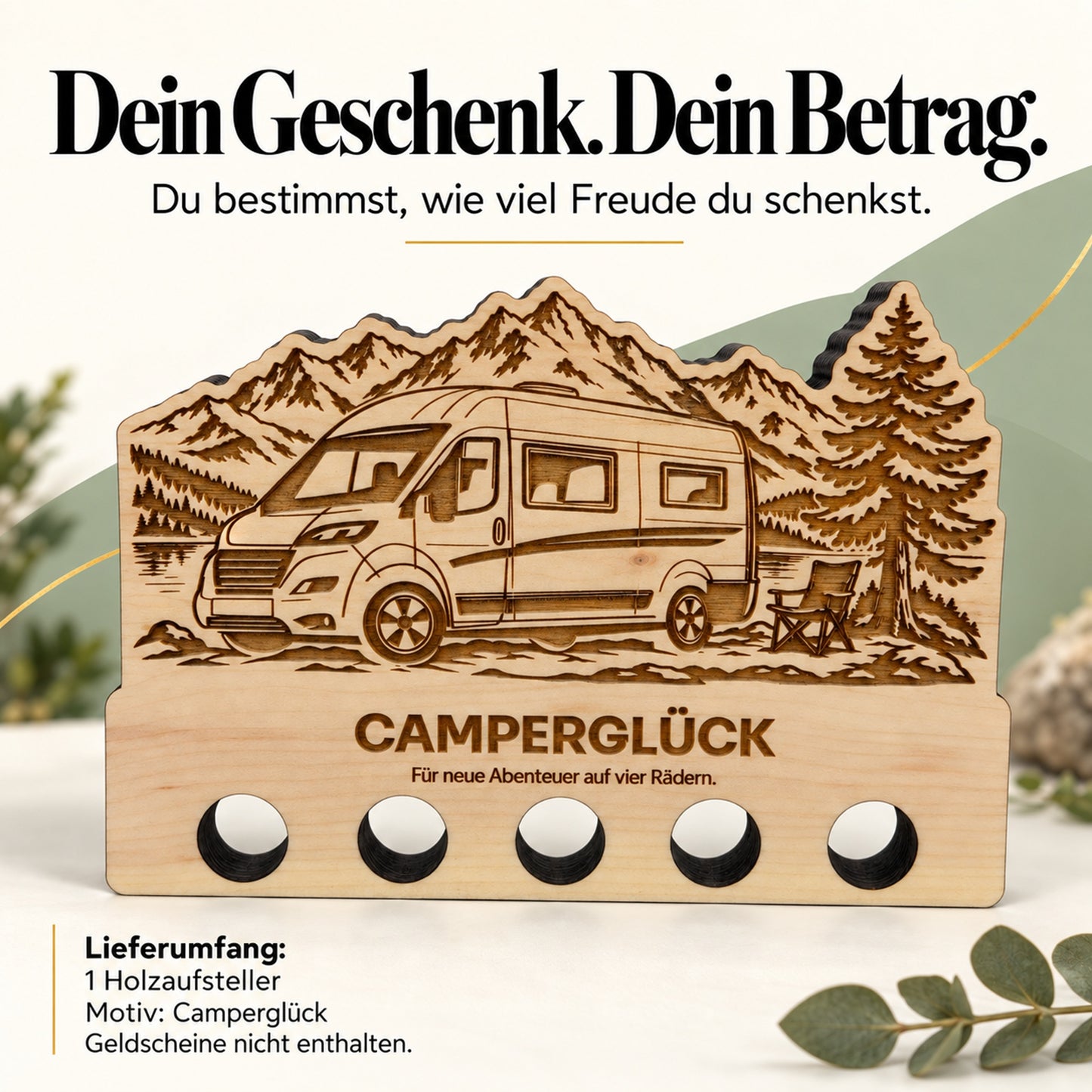 Camperglück – Geldgeschenk aus Zirbenholz