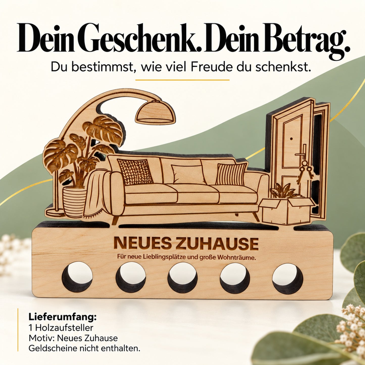 Neues Zuhause – Geldgeschenk aus Zirbenholz