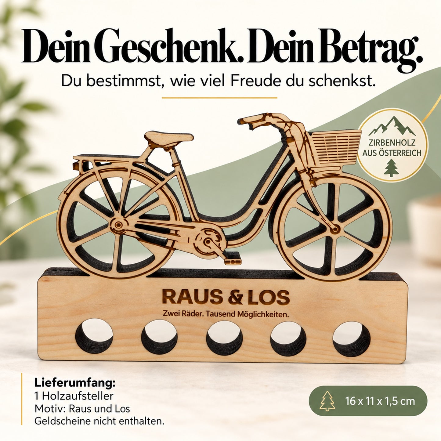 Raus und Los – Geldgeschenk aus Zirbenholz