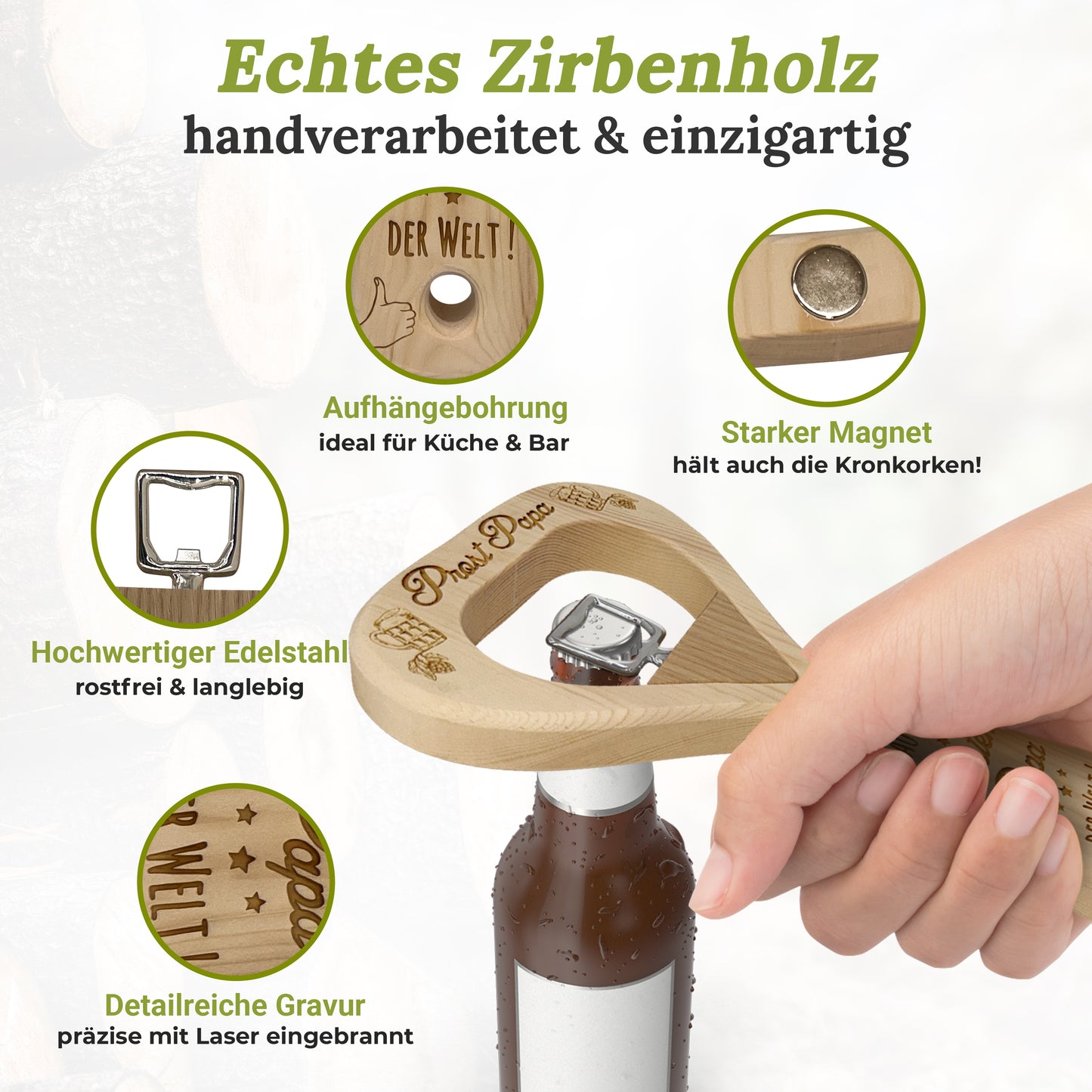 Flaschenöffner XXL aus Zirbe Papa