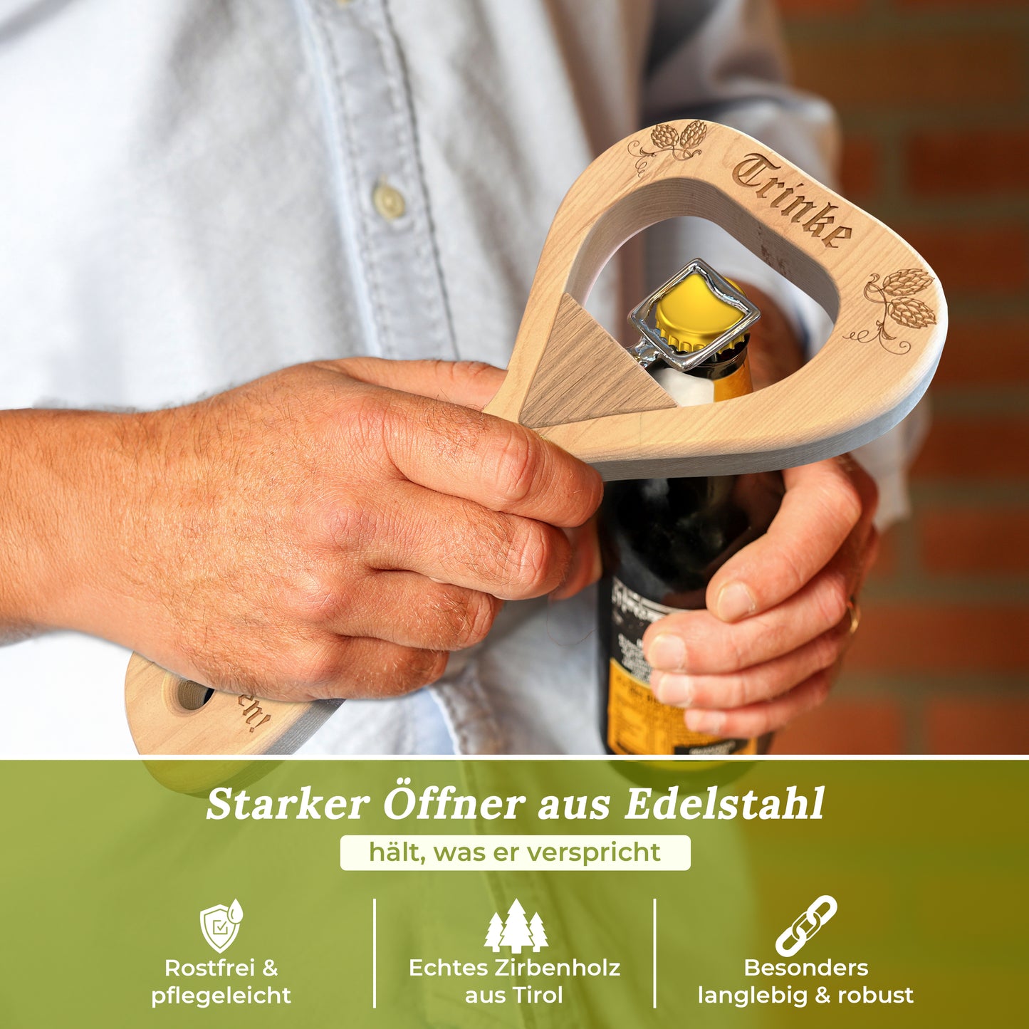 Flaschenöffner XXL aus Zirbe Trinke vor dem...