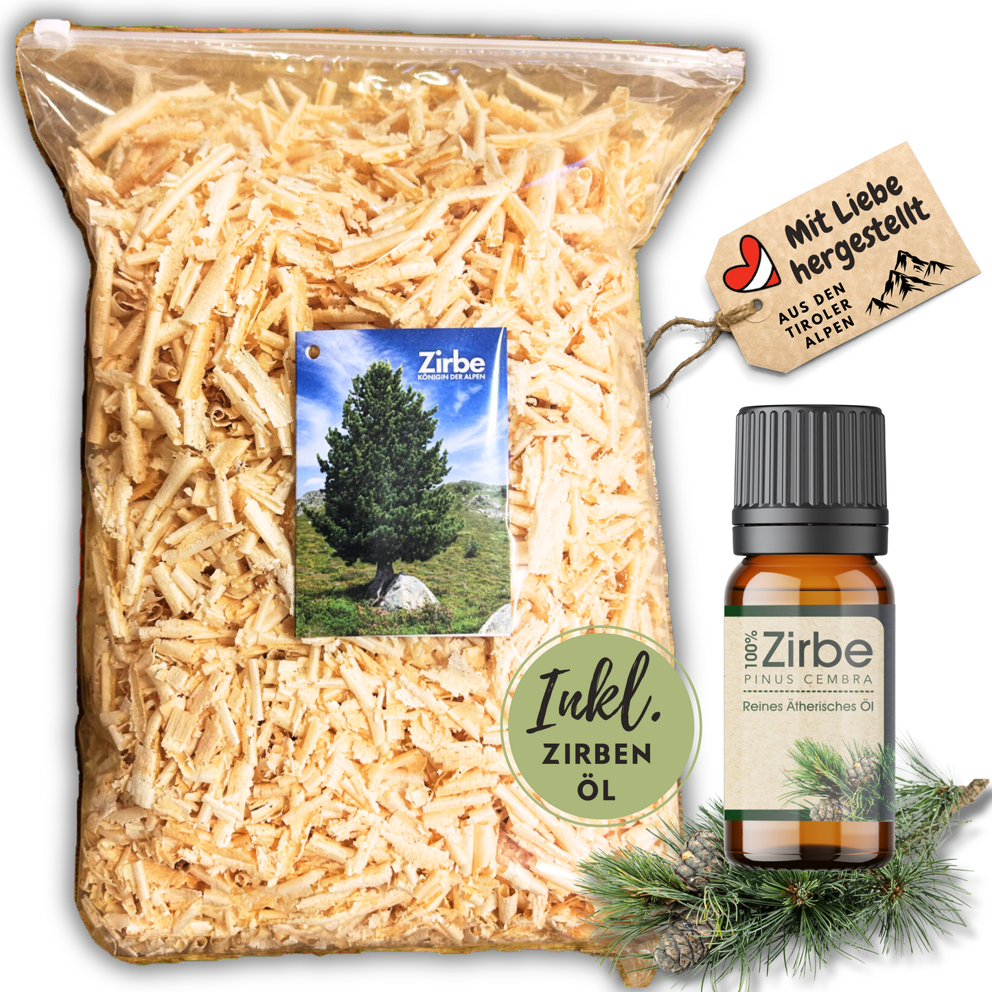 Zirbenspäne 1er Pack 7 Liter + 10ml Zirben Öl