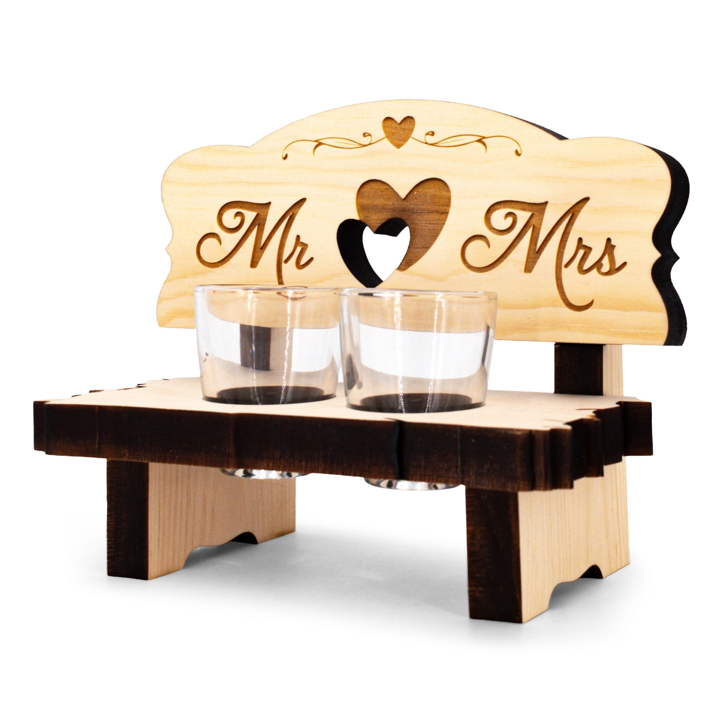 2er Zirben Schnapsbank Mr & Mrs