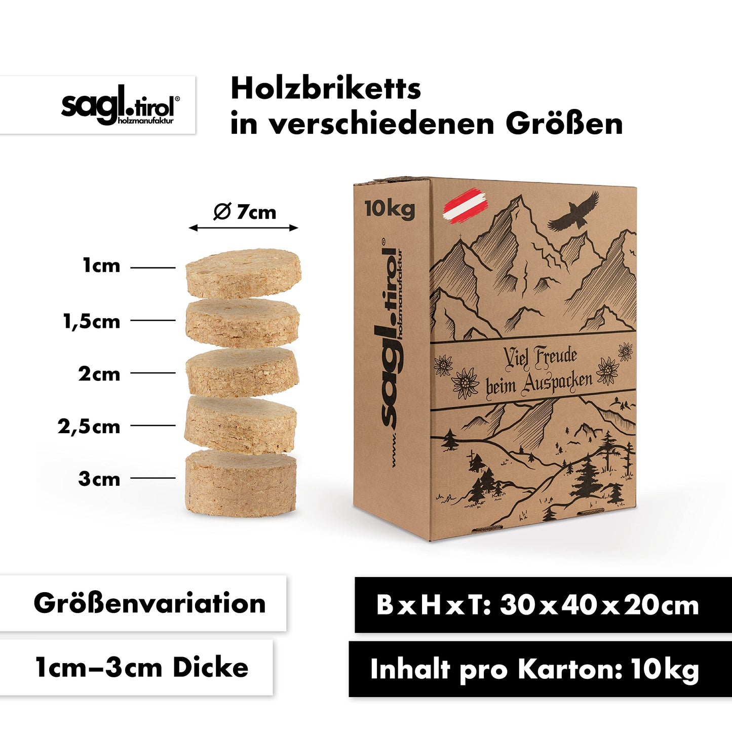 Holzbriketts aus Nadel Holz im Karton I 20 kg I Ø 7cm I 100% Nadelholz aus Österreich I Regional und Ökologisch Hergestellt I Natürliches Brikett mit hohem Heizwert I Ohne Bindemittelzusätze