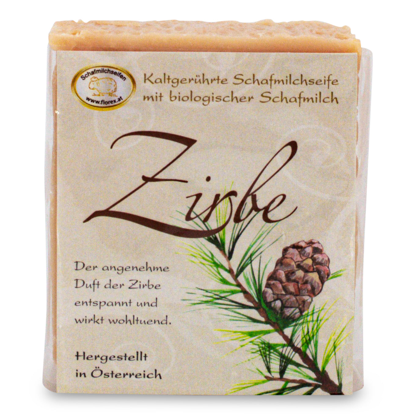 Kaltgerührte Zirben Seife im Sisal Waschbeutel 150g