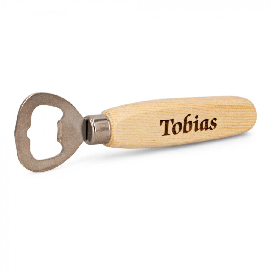 Flaschenöffner aus Zirbe mit Wunschnamen