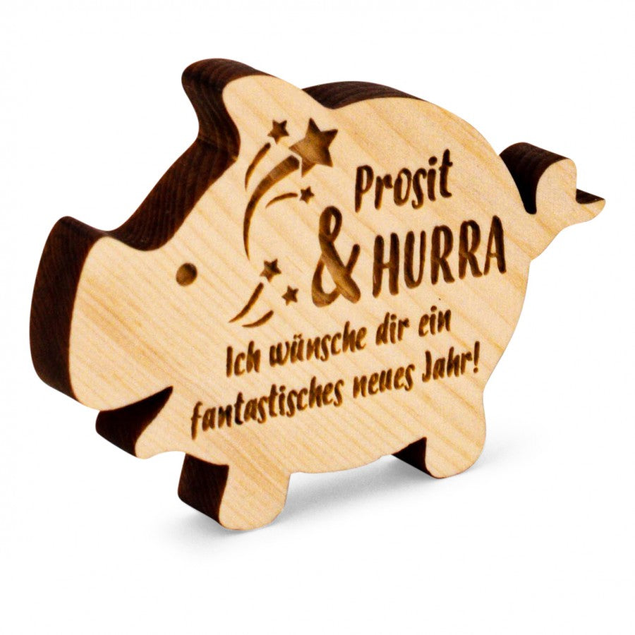 Glücksbringer aus Zirbe Schwein Prosit