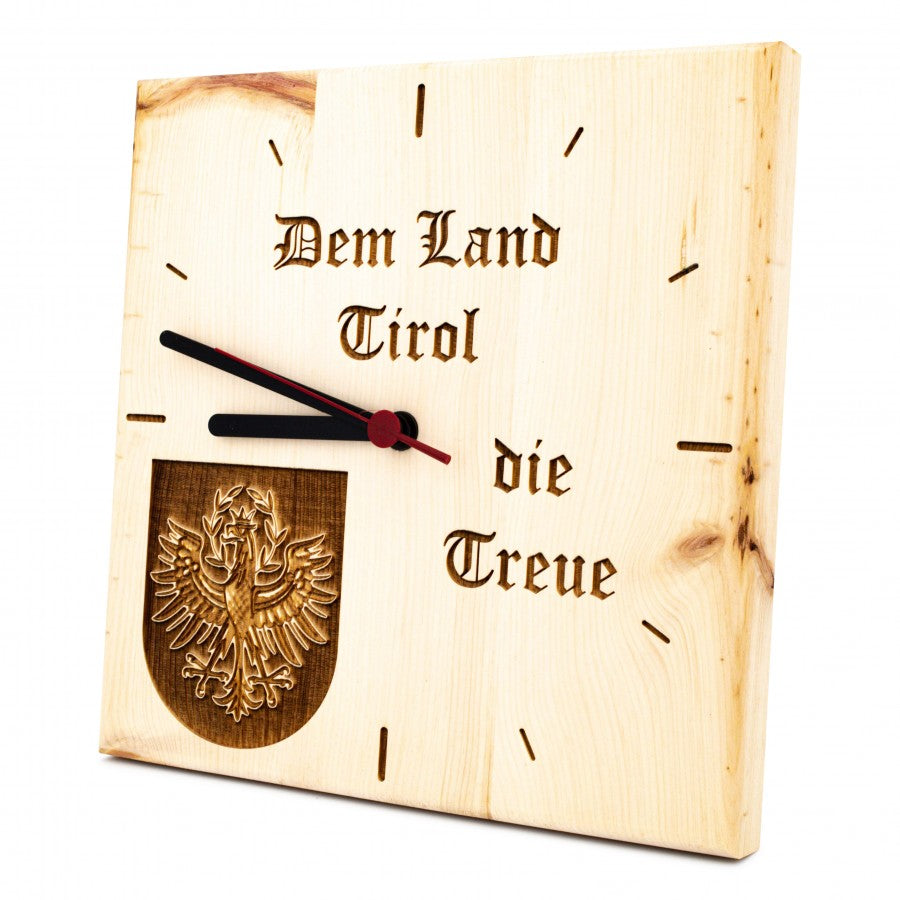 Zirben Wanduhr Tiroler Adler 3-D Optik mit Schriftzug