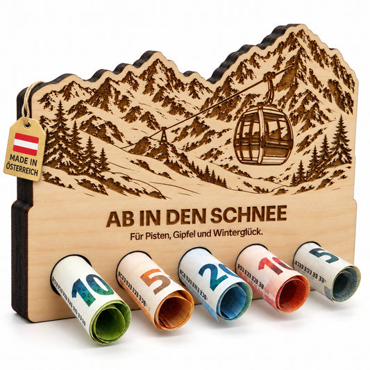 Ab in den Schnee – Geldgeschenk aus Zirbenholz