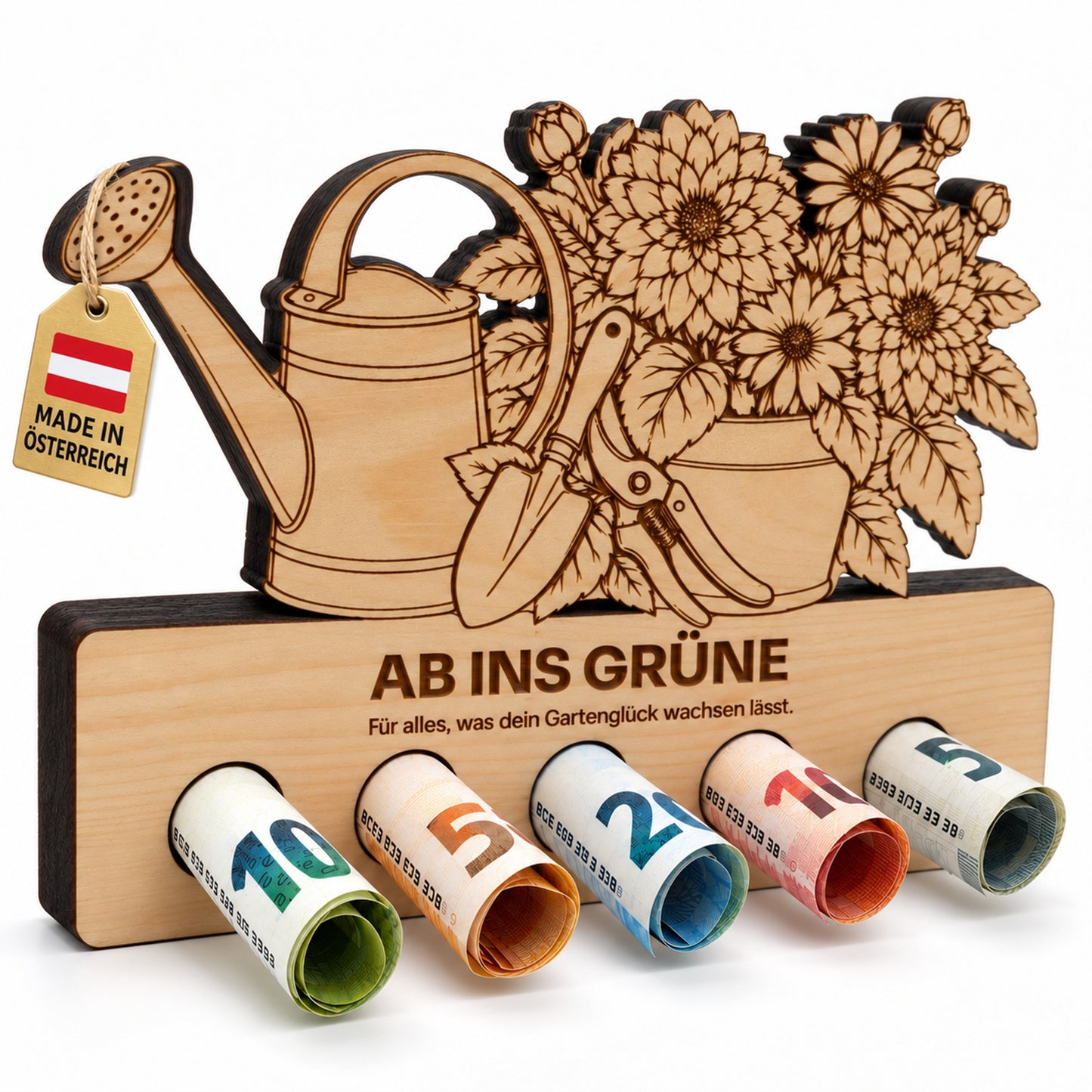 Ab ins Grüne – Geldgeschenk aus Zirbenholz