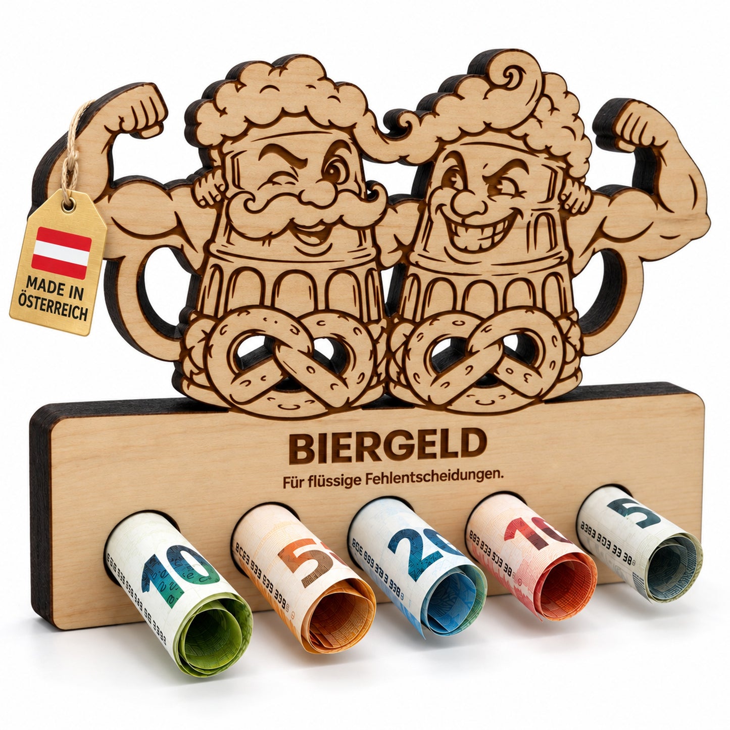 Biergeld – Geldgeschenk aus Zirbenholz