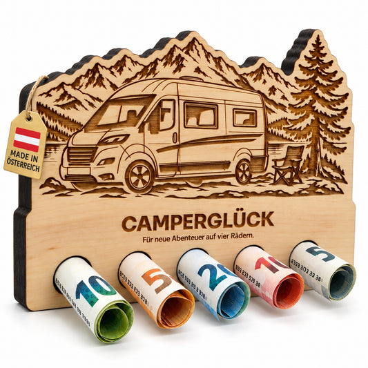 Camperglück – Geldgeschenk aus Zirbenholz