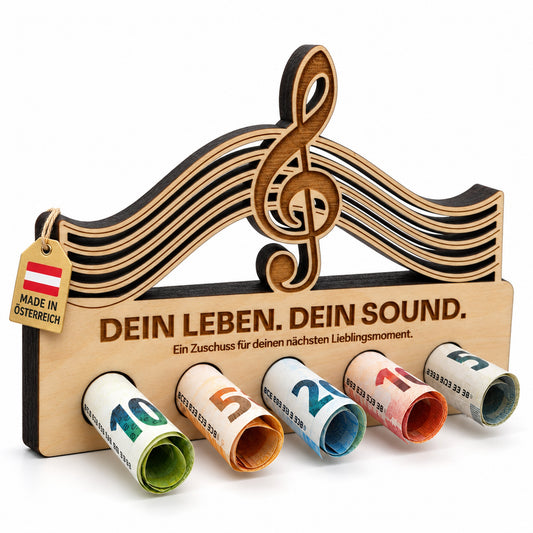 Dein Leben Dein Sound – Geldgeschenk aus Zirbenholz