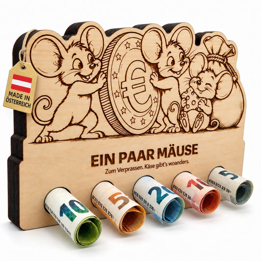 Ein paar Mäuse – Geldgeschenk aus Zirbenholz