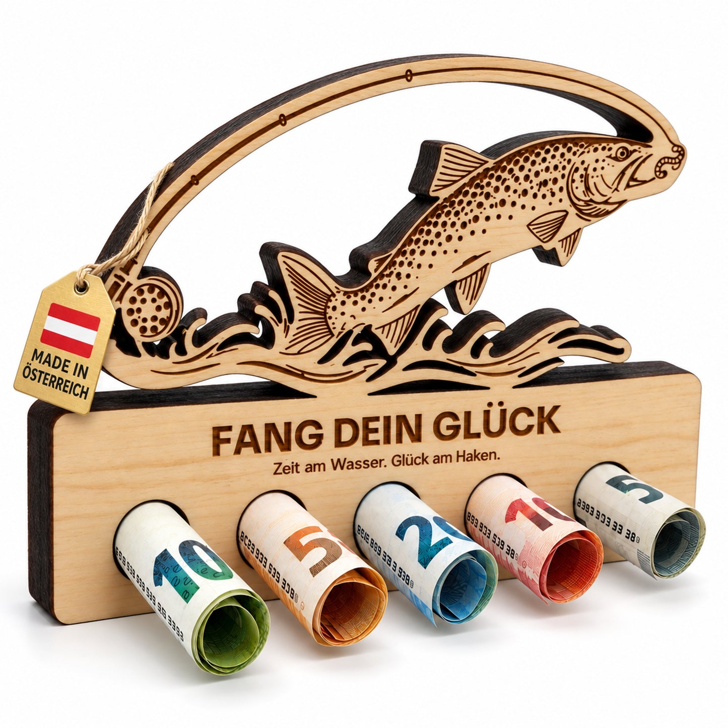 Fang dein Glück – Geldgeschenk aus Zirbenholz