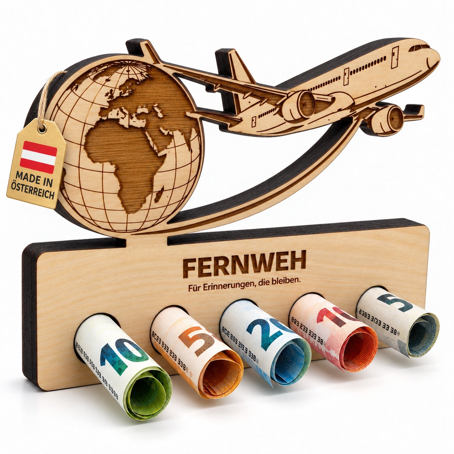 Fernweh – Geldgeschenk aus Zirbenholz