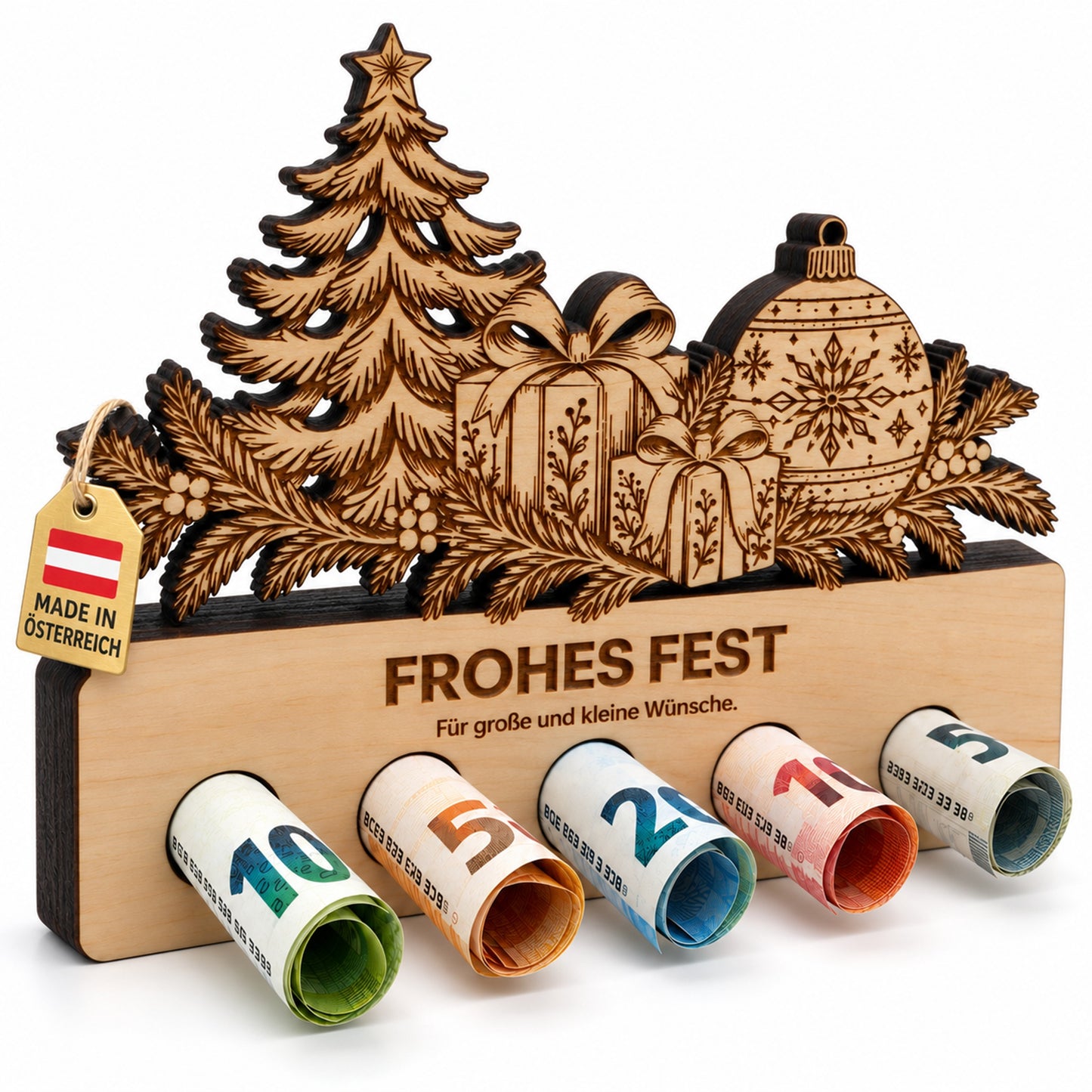 Frohes Fest – Geldgeschenk aus Zirbenholz