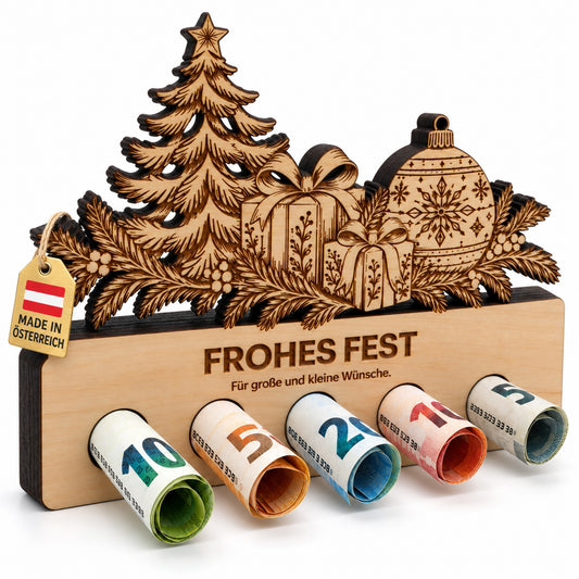 Frohes Fest – Geldgeschenk aus Zirbenholz