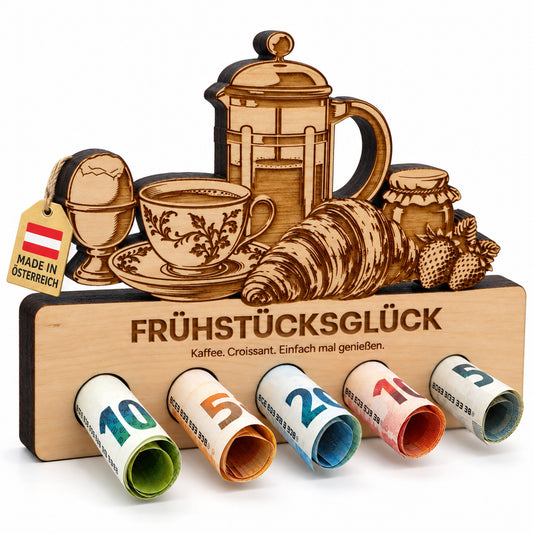 Frühstücksglück – Geldgeschenk aus Zirbenholz