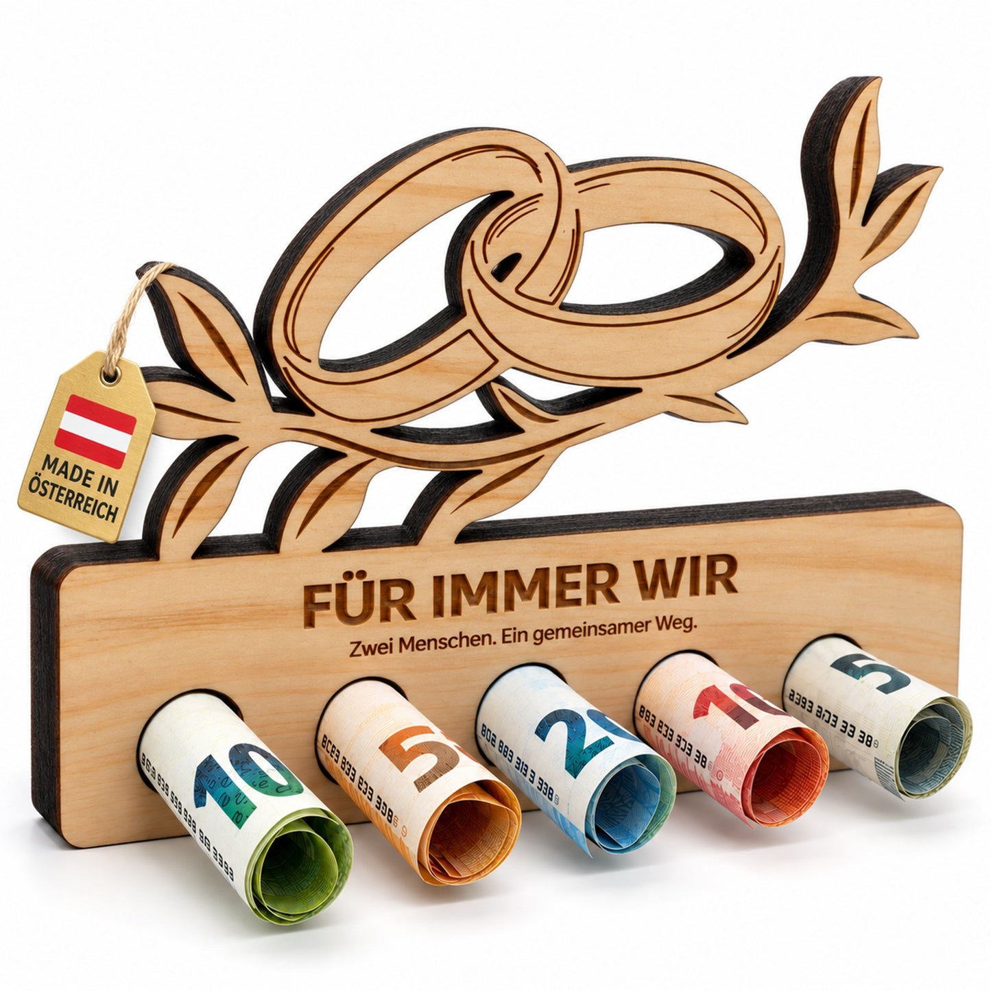 Für immer wir – Geldgeschenk aus Zirbenholz