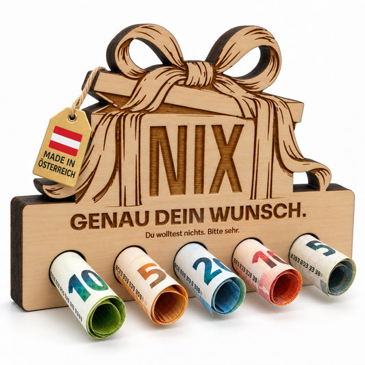 Genau dein Wunsch – Geldgeschenk aus Zirbenholz