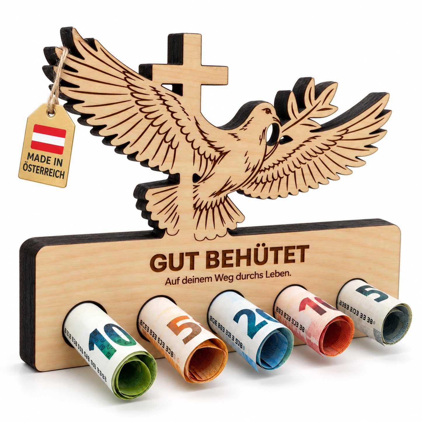 Gut behütet – Geldgeschenk aus Zirbenholz