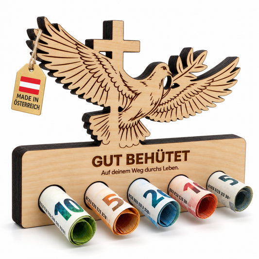 Gut behütet – Geldgeschenk aus Zirbenholz
