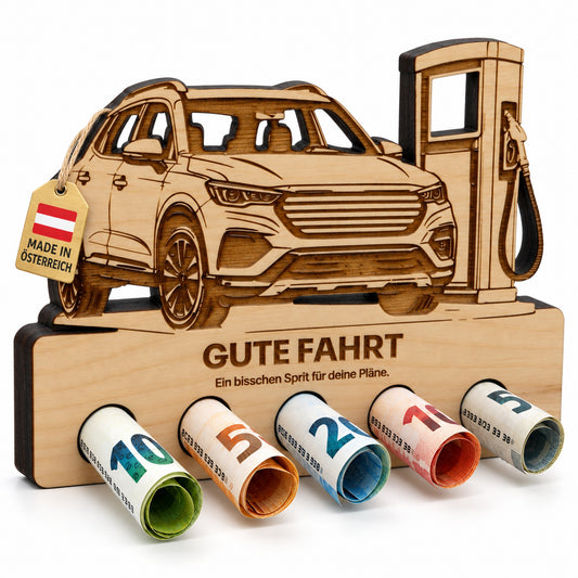 Gute Fahrt – Geldgeschenk aus Zirbenholz