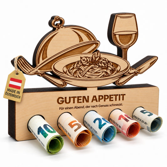 Guten Appetit – Geldgeschenk aus Zirbenholz