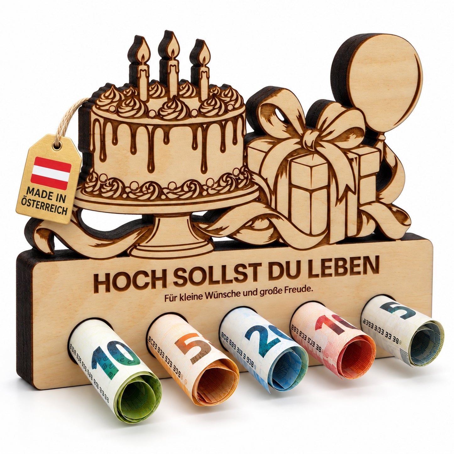 Hoch sollst du leben – Geldgeschenk aus Zirbenholz