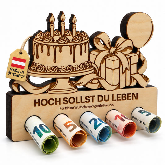 Hoch sollst du leben – Geldgeschenk aus Zirbenholz