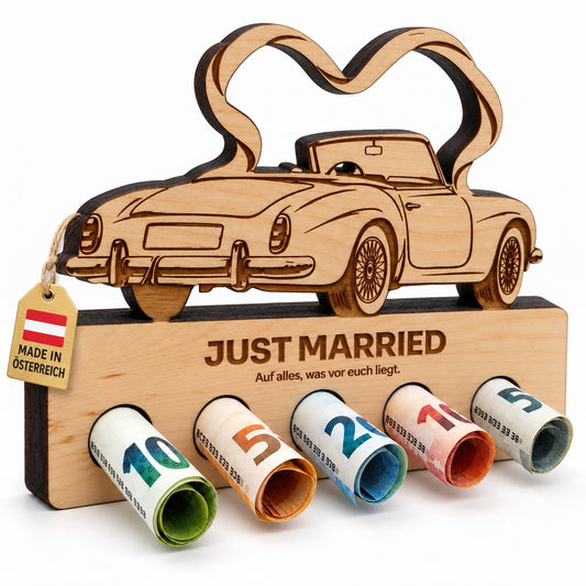 Just Married – Geldgeschenk aus Zirbenholz