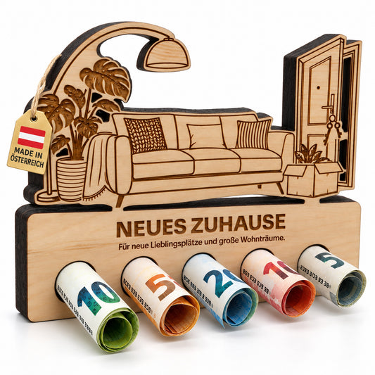 Neues Zuhause – Geldgeschenk aus Zirbenholz
