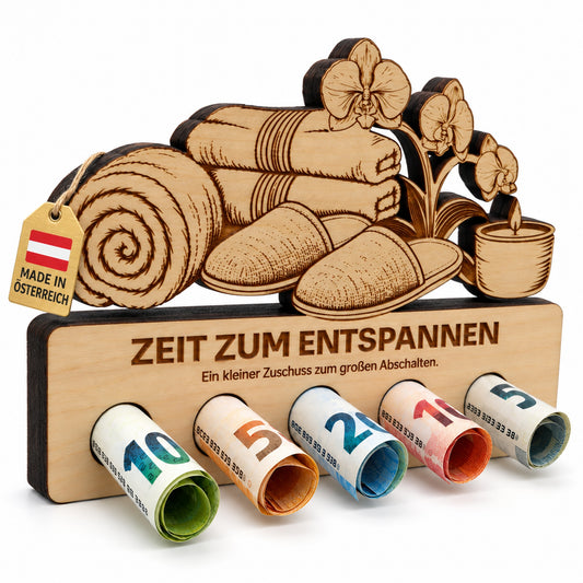 Zeit zum Entspannen – Geldgeschenk aus Zirbenholz