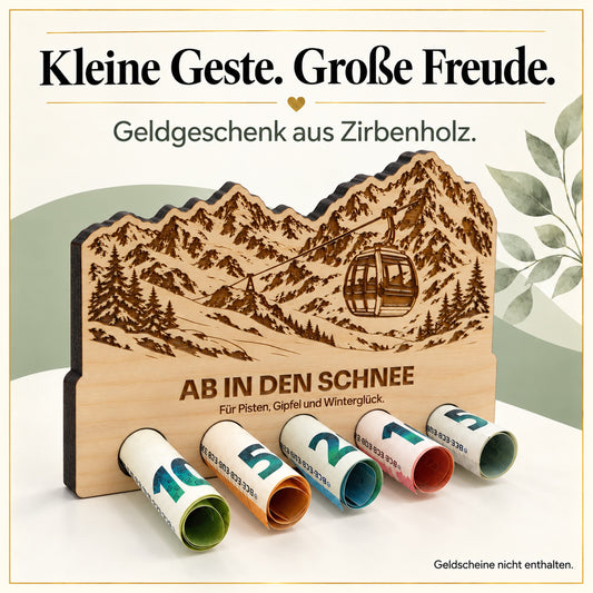 Ab in den Schnee – Geldgeschenk aus Zirbenholz
