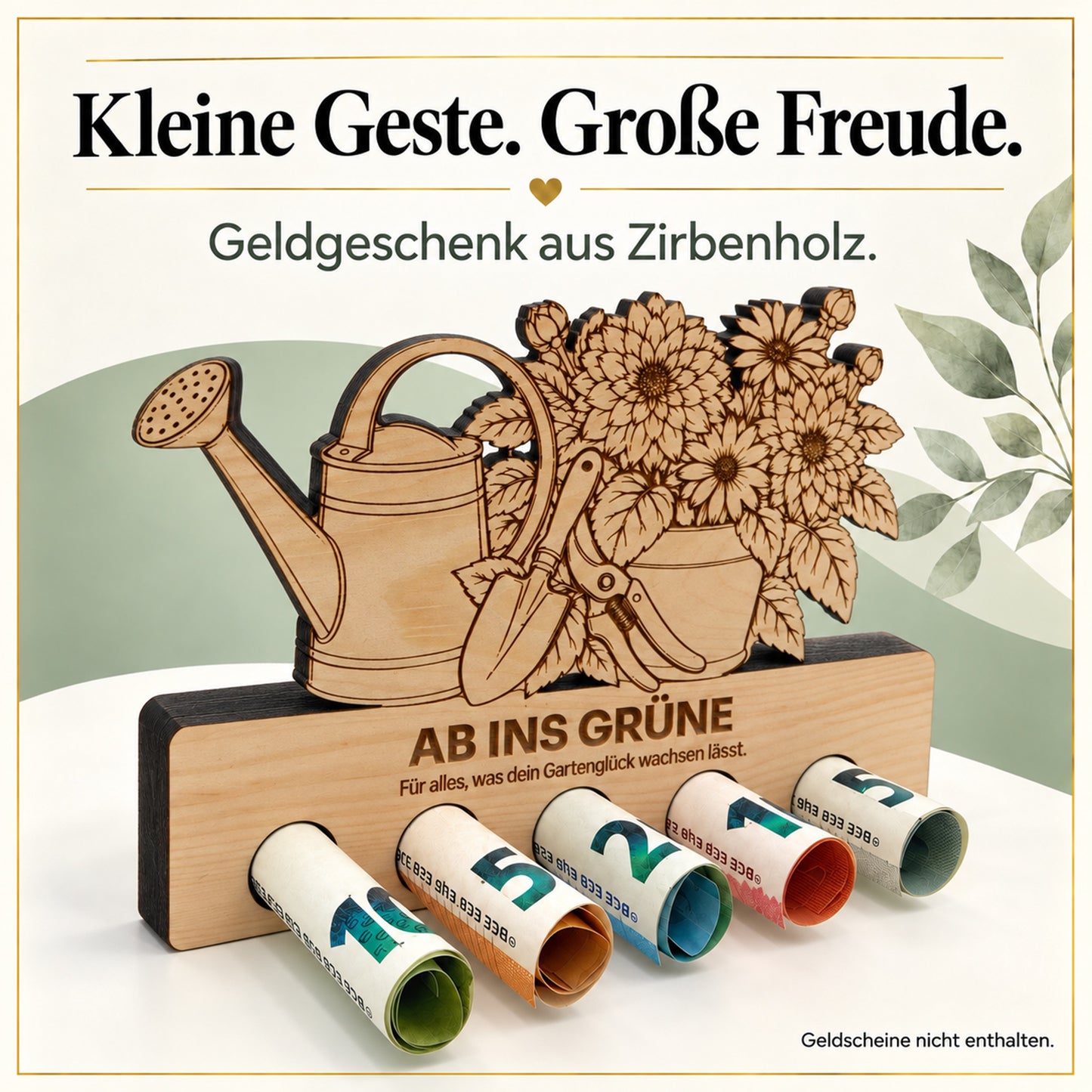 Ab ins Grüne – Geldgeschenk aus Zirbenholz
