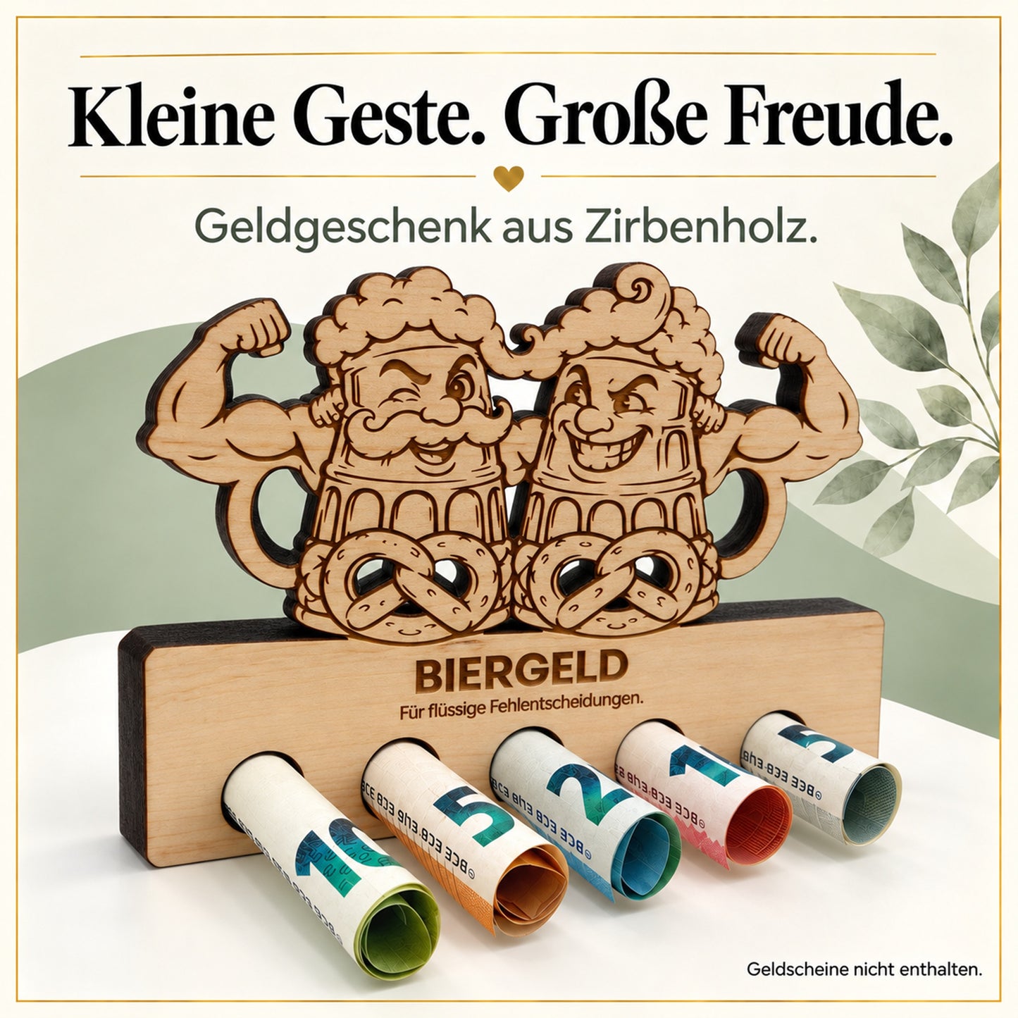 Biergeld – Geldgeschenk aus Zirbenholz