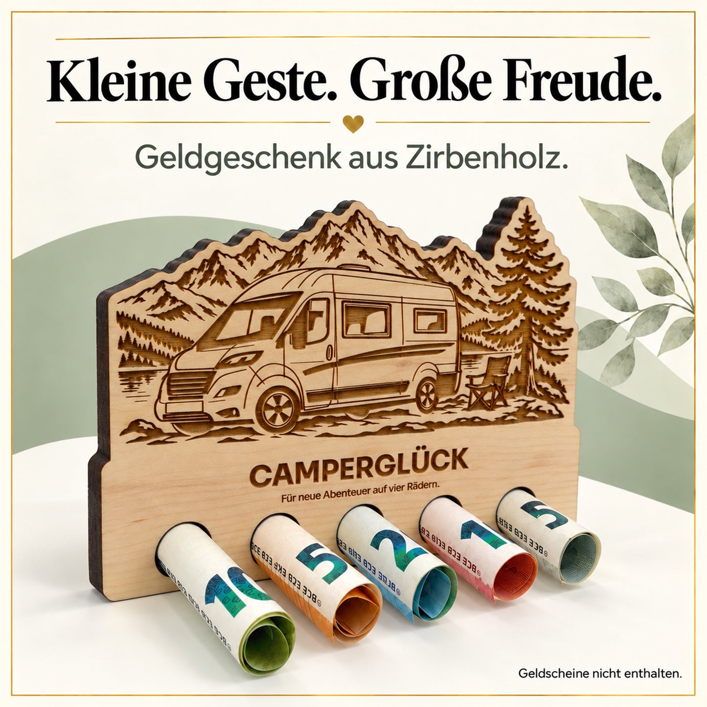 Camperglück – Geldgeschenk aus Zirbenholz
