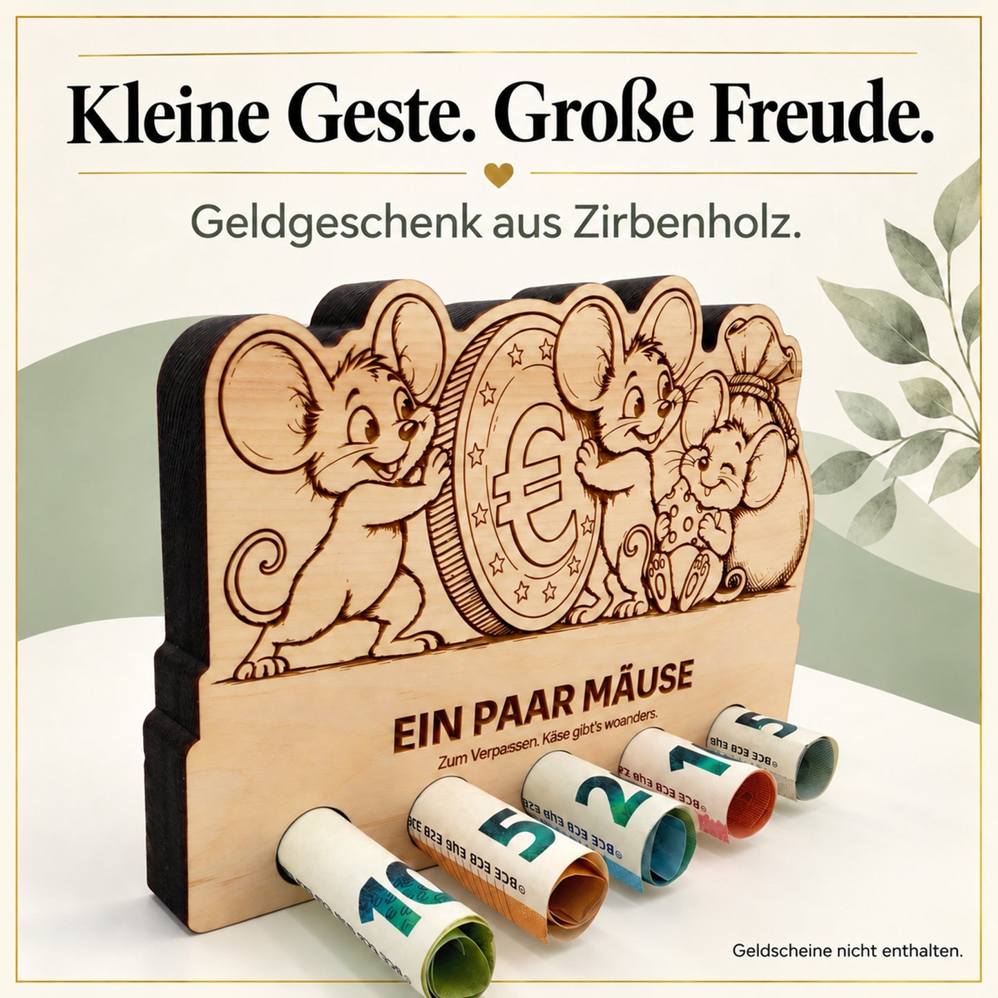 Ein paar Mäuse – Geldgeschenk aus Zirbenholz