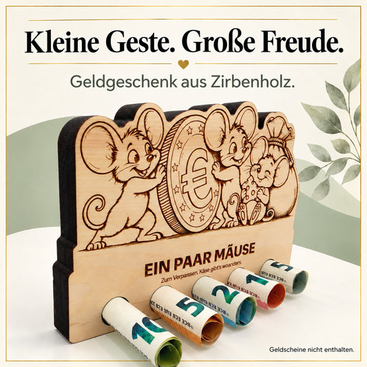Ein paar Mäuse – Geldgeschenk aus Zirbenholz