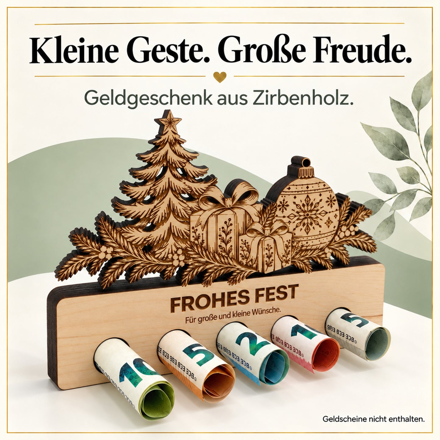 Frohes Fest – Geldgeschenk aus Zirbenholz