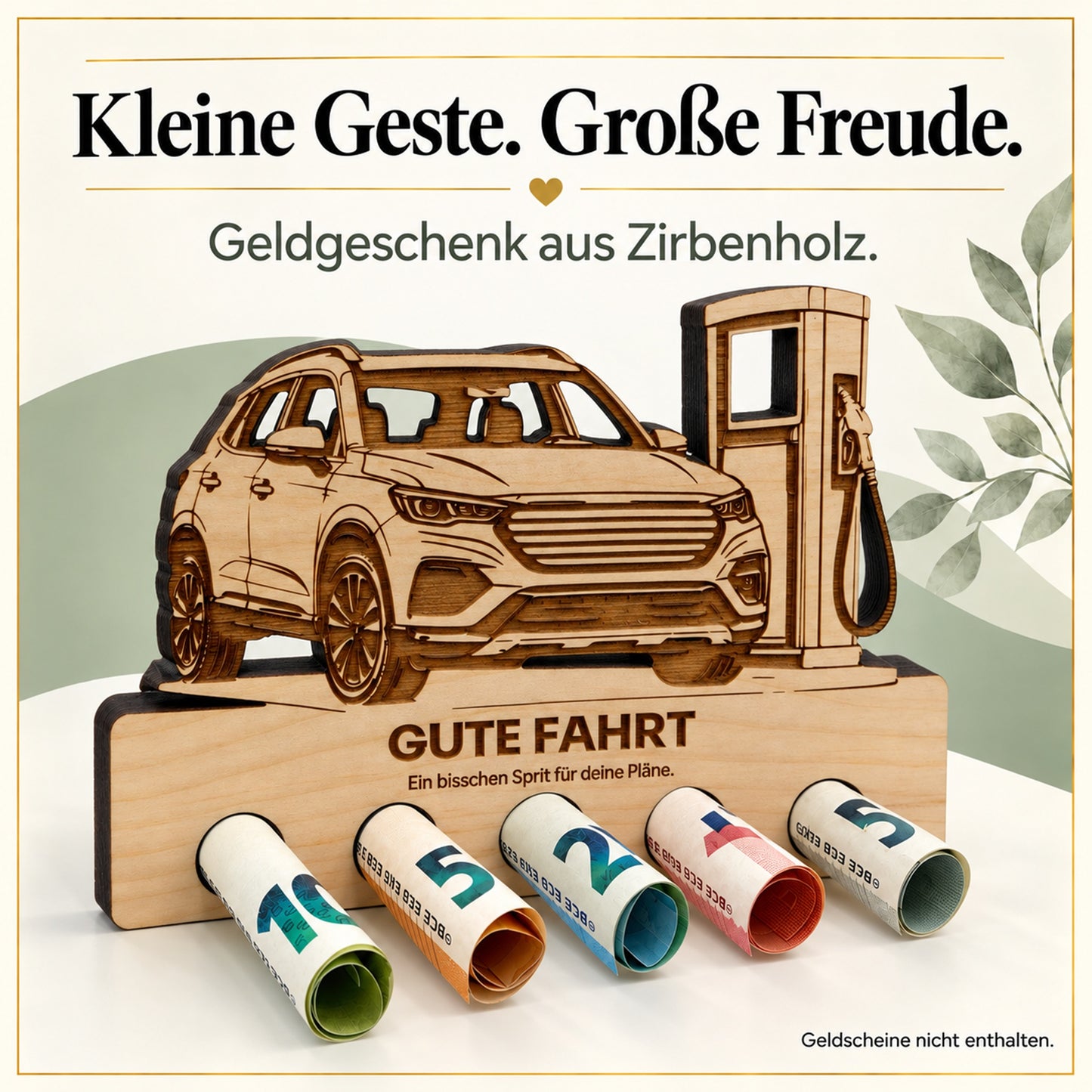 Gute Fahrt – Geldgeschenk aus Zirbenholz