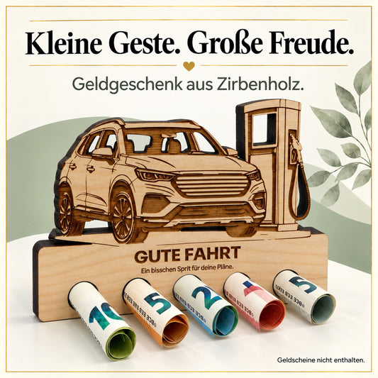 Gute Fahrt – Geldgeschenk aus Zirbenholz