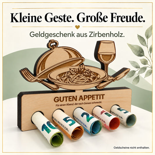 Guten Appetit – Geldgeschenk aus Zirbenholz
