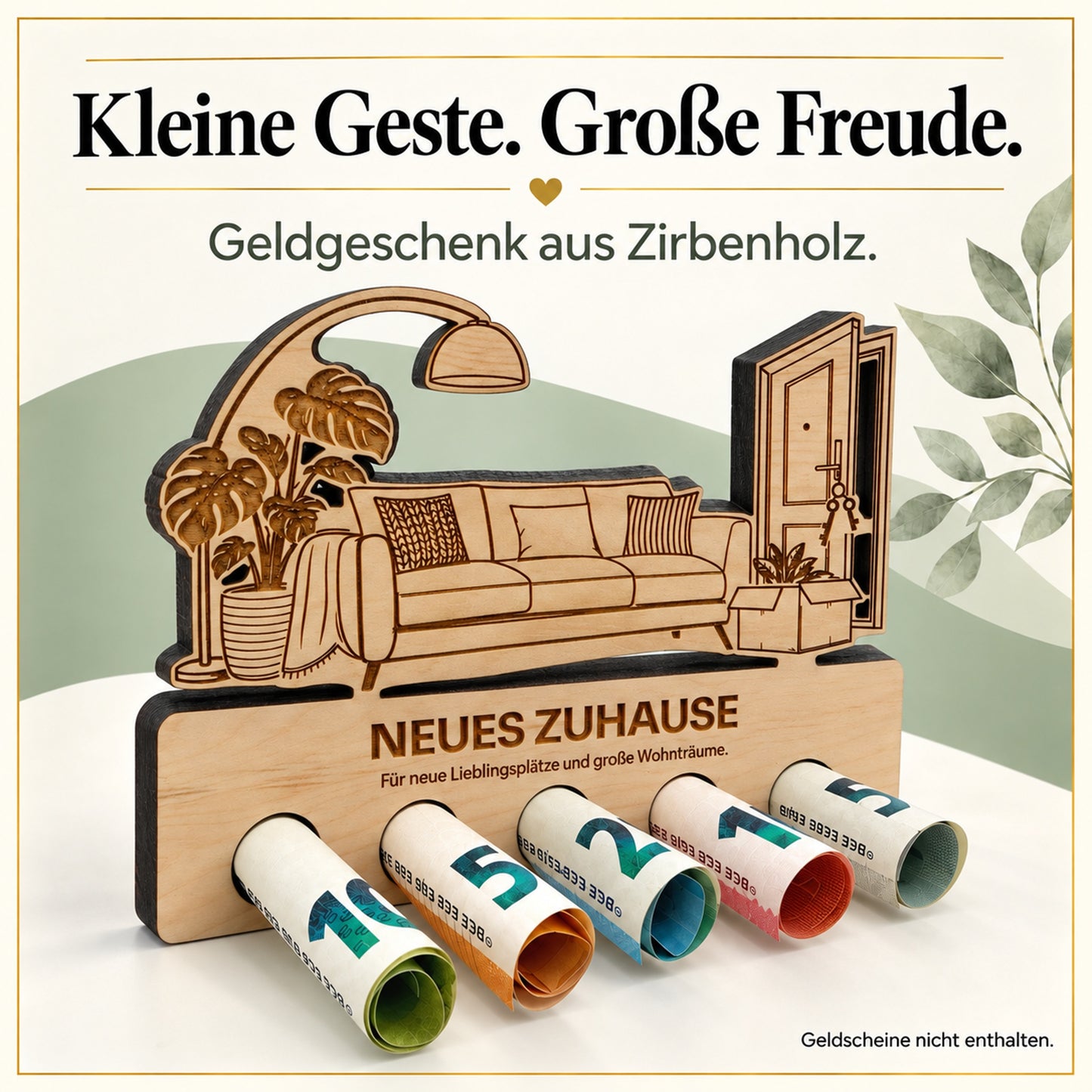Neues Zuhause – Geldgeschenk aus Zirbenholz