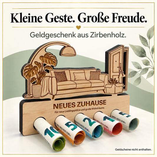 Neues Zuhause – Geldgeschenk aus Zirbenholz