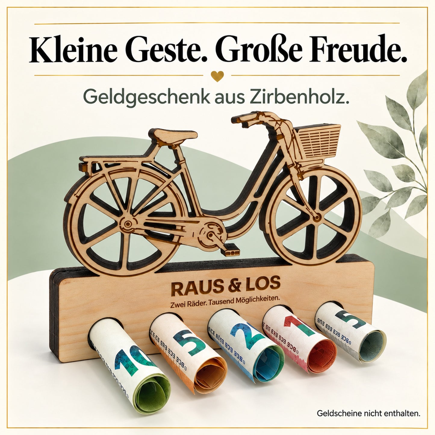 Raus und Los – Geldgeschenk aus Zirbenholz
