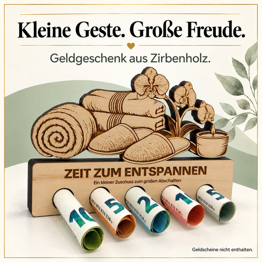 Zeit zum Entspannen – Geldgeschenk aus Zirbenholz