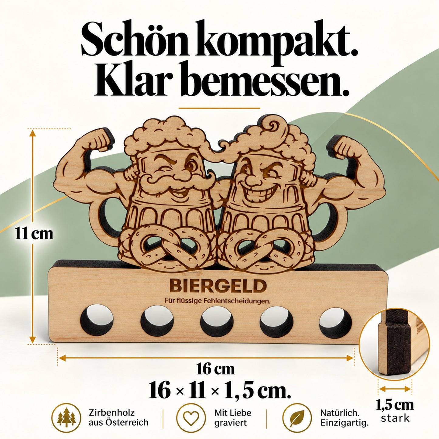 Biergeld – Geldgeschenk aus Zirbenholz